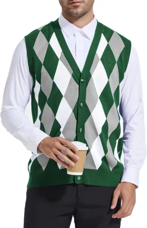 Beotyshow Mens Argyle Sweater Vests V Neck Sleeveless Cardigan Vest Knitwear