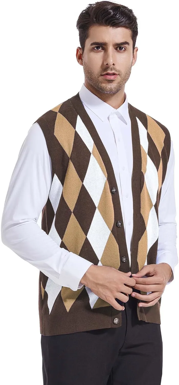 Beotyshow Mens Argyle Sweater Vests V Neck Sleeveless Cardigan Vest Knitwear