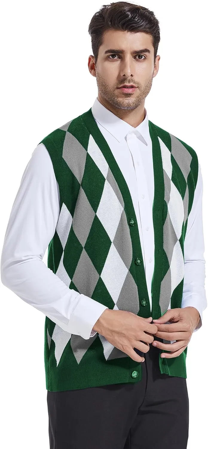 Beotyshow Mens Argyle Sweater Vests V Neck Sleeveless Cardigan Vest Knitwear
