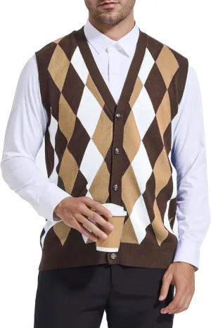 Beotyshow Mens Argyle Sweater Vests V Neck Sleeveless Cardigan Vest Knitwear