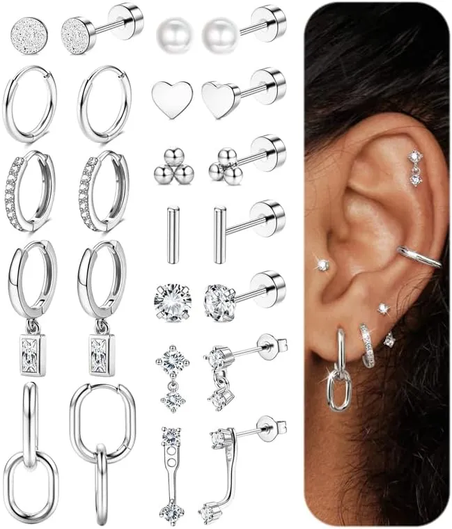 BESTEEL 12 Pairs Hypoallergenic Flat Back Earrings for Women - 14K Gold Stainless Surgical Steel Cartilage Earring Stacks Set Small Tragus Conch Daith Helix Piercing Jewelry Dangle Stud Hoops Silver