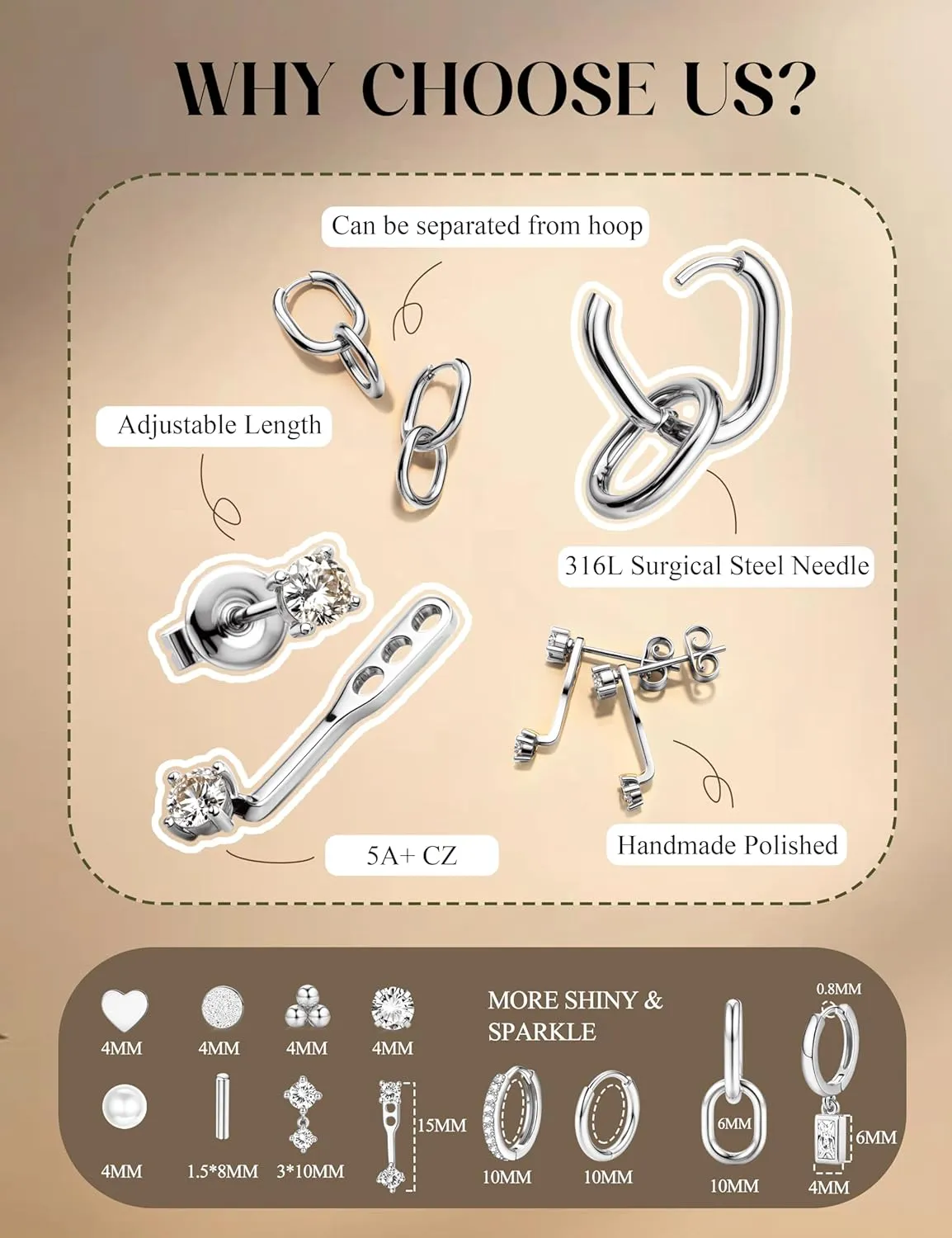 BESTEEL 12 Pairs Hypoallergenic Flat Back Earrings for Women - 14K Gold Stainless Surgical Steel Cartilage Earring Stacks Set Small Tragus Conch Daith Helix Piercing Jewelry Dangle Stud Hoops Silver