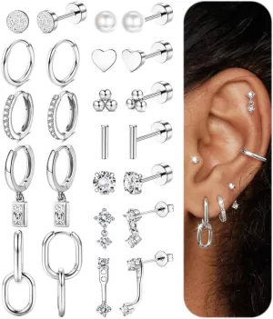 BESTEEL 12 Pairs Hypoallergenic Flat Back Earrings for Women - 14K Gold Stainless Surgical Steel Cartilage Earring Stacks Set Small Tragus Conch Daith Helix Piercing Jewelry Dangle Stud Hoops Silver