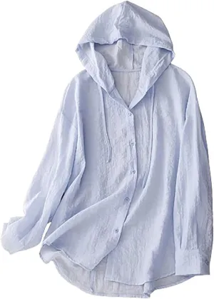 Binmer Women's Linen Sun Protection Hoodie Jacket Lightweight Long Sleeve Shirt Oversized Loose Breathable Hooded Cover Ups