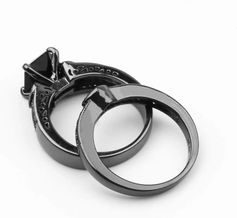 Black Cubic Zirconia Princess Cut Bridal Style Ladies Round Cut Zircon Engagement Ring Band Set for Women, Silver