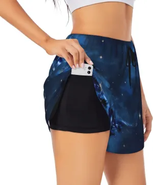Blue Galaxy Print Women's Athletic Yoga Shorts High Waisted Running Shorts Workout Gym Shorts Casual Shorts