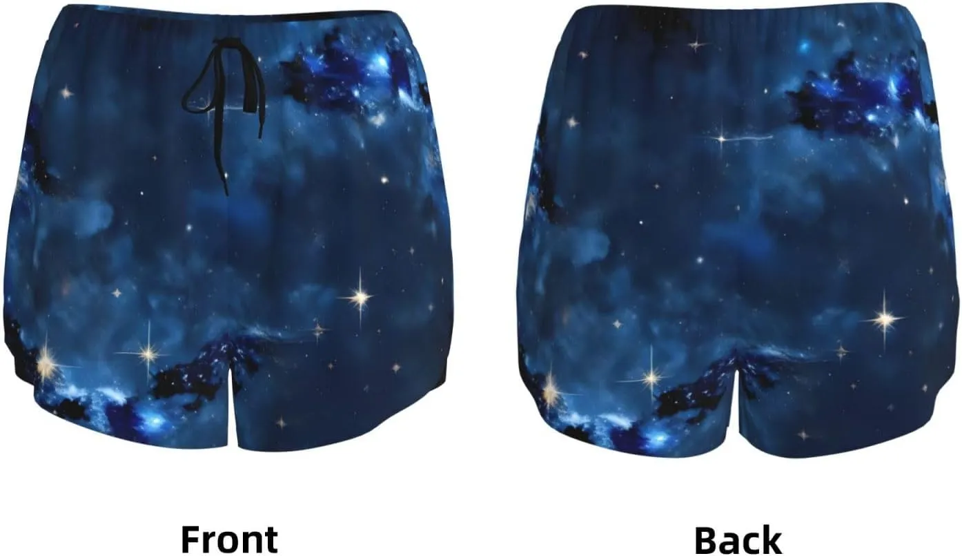 Blue Galaxy Print Women's Athletic Yoga Shorts High Waisted Running Shorts Workout Gym Shorts Casual Shorts