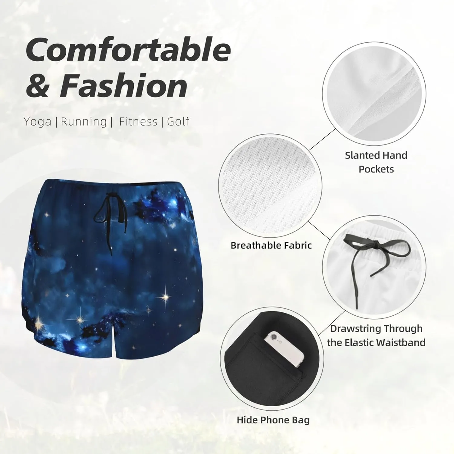 Blue Galaxy Print Women's Athletic Yoga Shorts High Waisted Running Shorts Workout Gym Shorts Casual Shorts