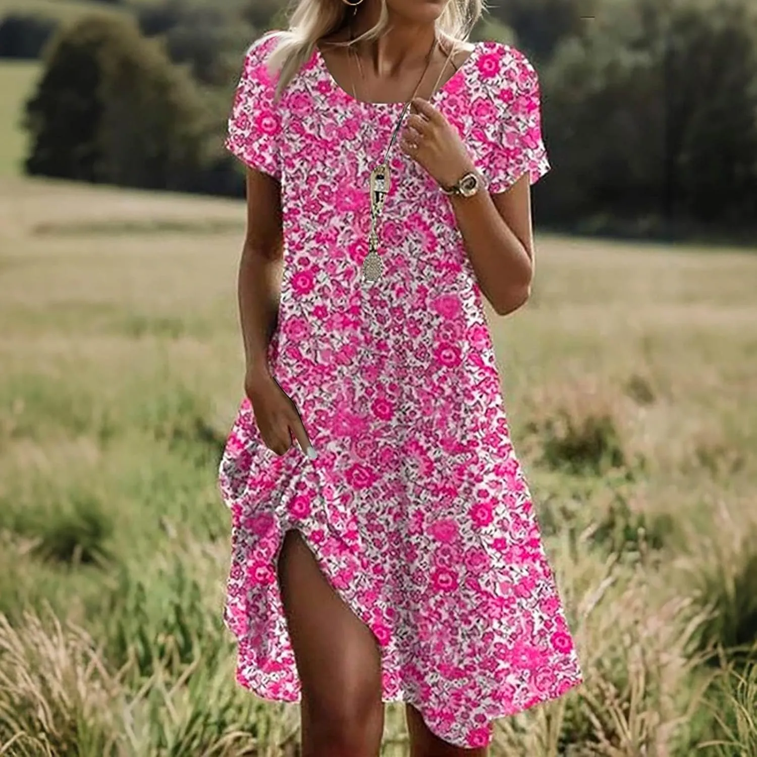 Boho Dresses for Women 2025 Summer Floral Print Short Sleeve Midi Dress Casual Loose A Line Beach Sun Dresses with Pockets