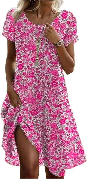 Boho Dresses for Women 2025 Summer Floral Print Short Sleeve Midi Dress Casual Loose A Line Beach Sun Dresses with Pockets