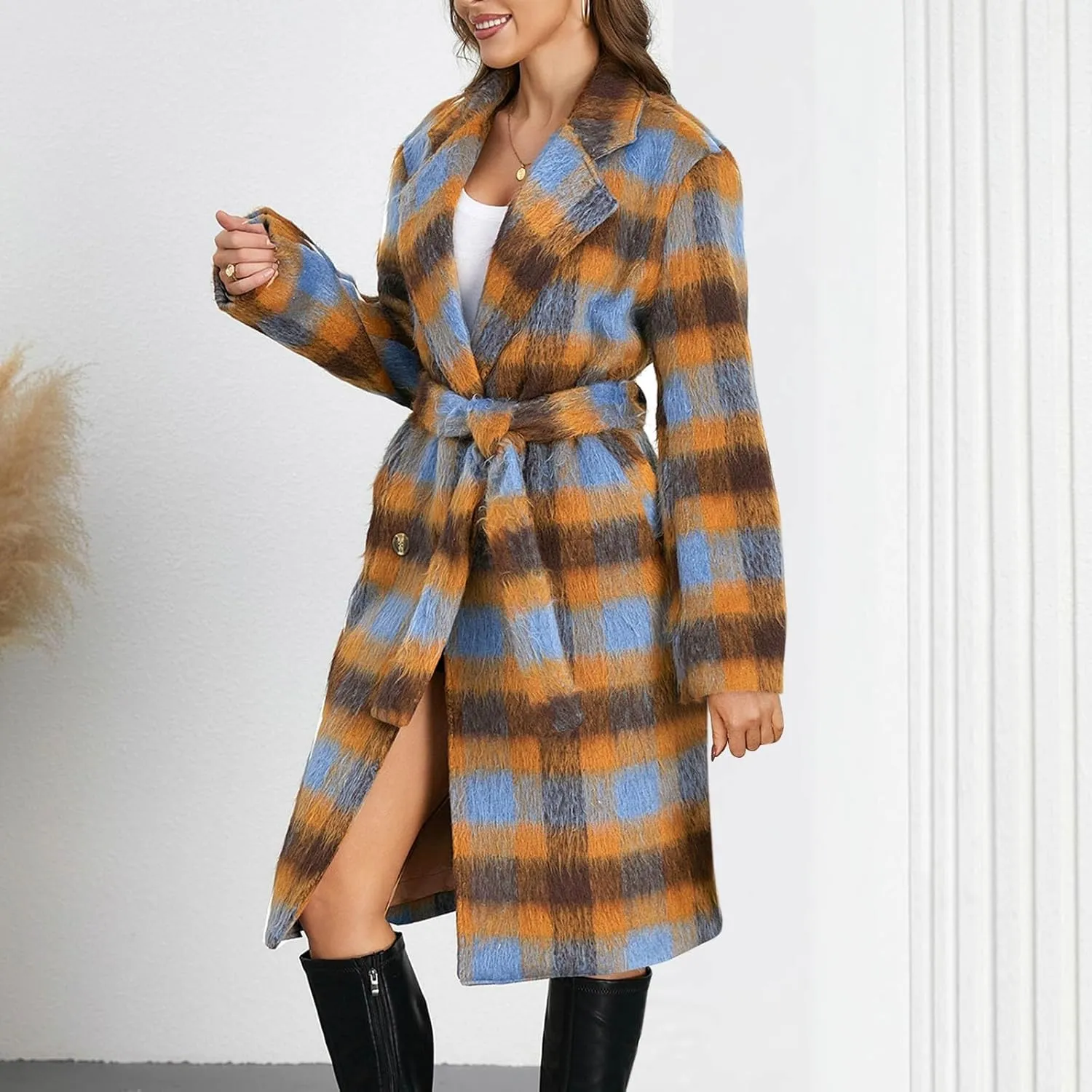Borniu Women's Winter Plaid Double Breasted Midi Long Wool Blend Pea Coat Notch Lapel Winter Trench Coat with Belt