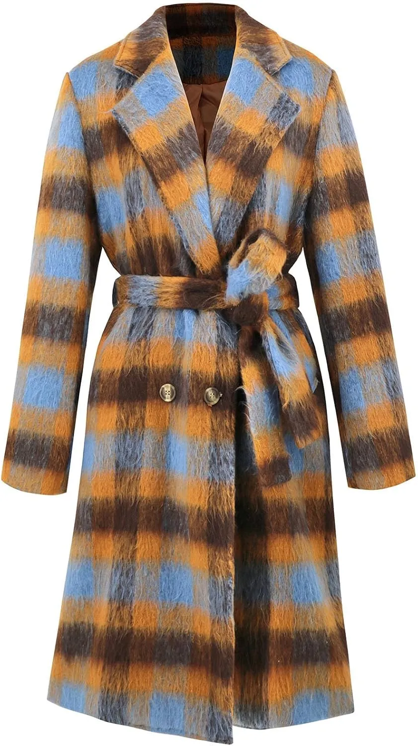 Borniu Women's Winter Plaid Double Breasted Midi Long Wool Blend Pea Coat Notch Lapel Winter Trench Coat with Belt