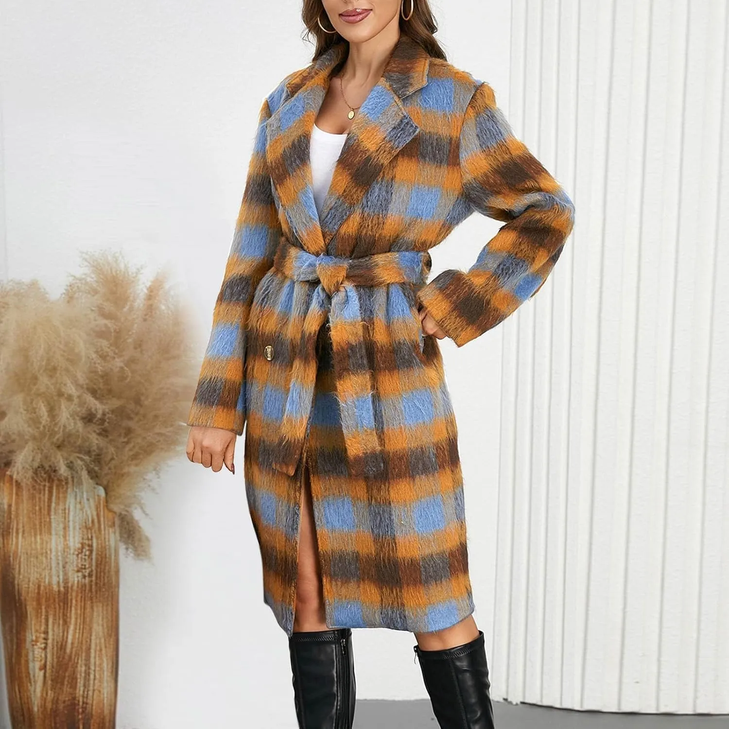 Borniu Women's Winter Plaid Double Breasted Midi Long Wool Blend Pea Coat Notch Lapel Winter Trench Coat with Belt