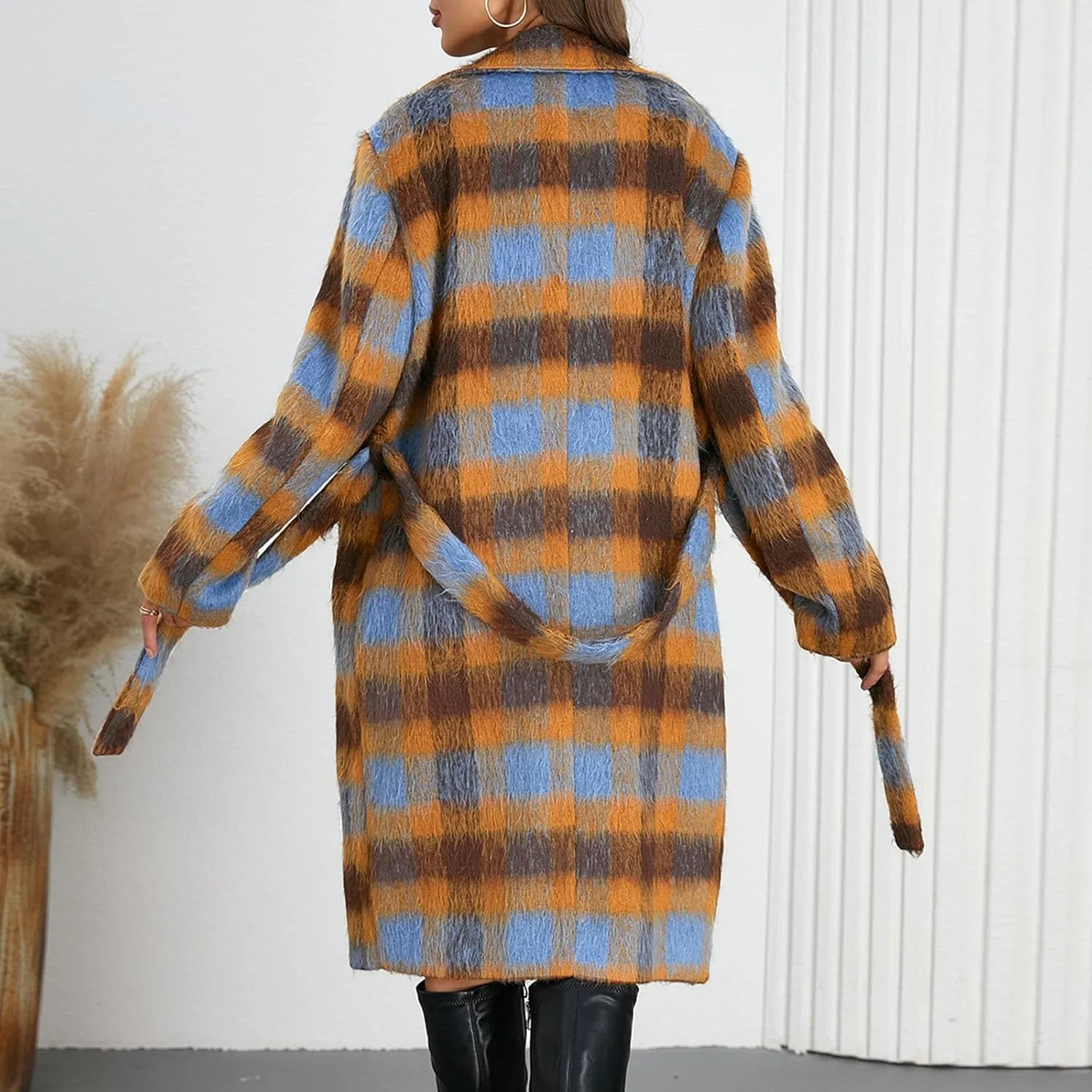 Borniu Women's Winter Plaid Double Breasted Midi Long Wool Blend Pea Coat Notch Lapel Winter Trench Coat with Belt