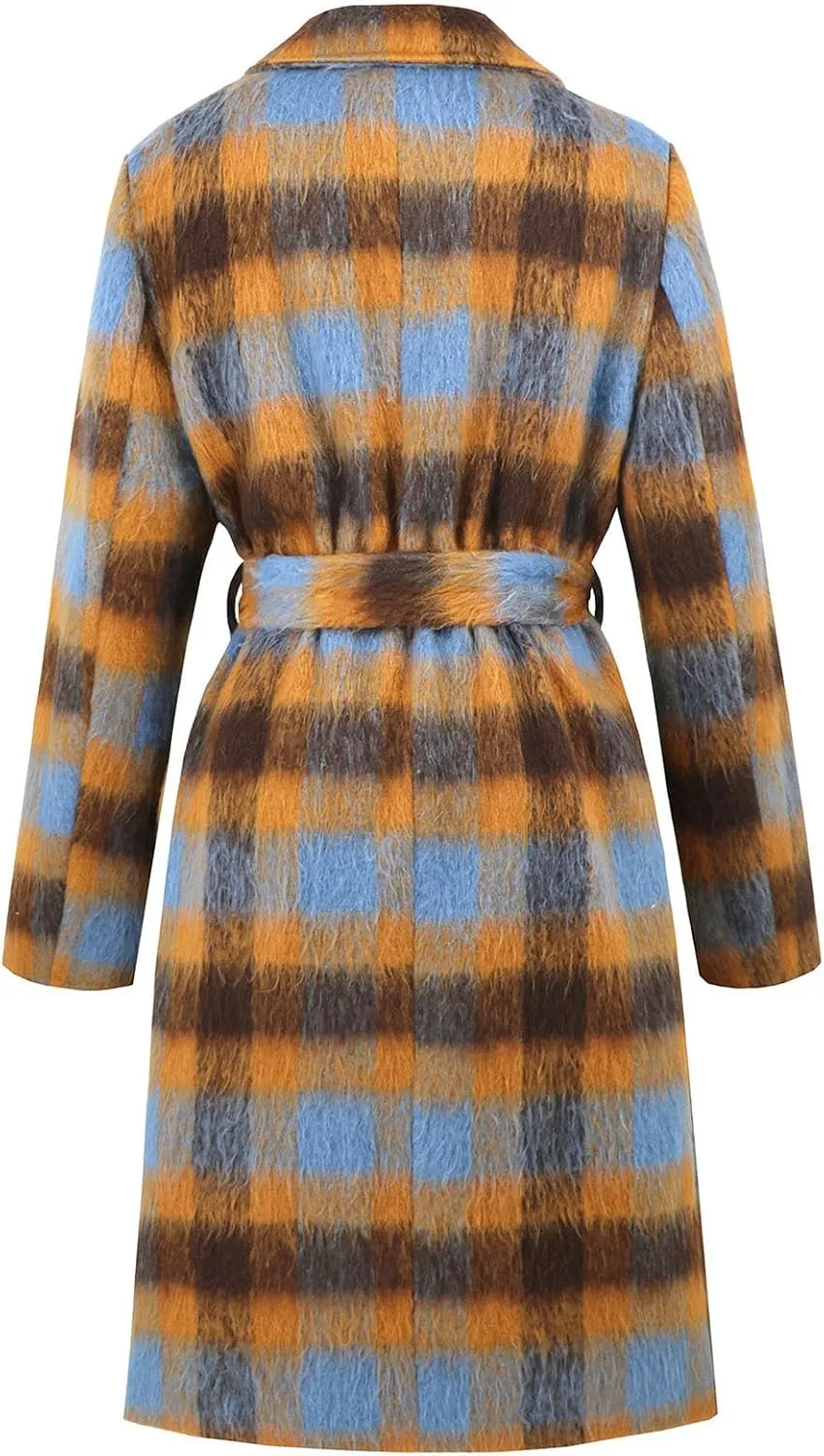 Borniu Women's Winter Plaid Double Breasted Midi Long Wool Blend Pea Coat Notch Lapel Winter Trench Coat with Belt