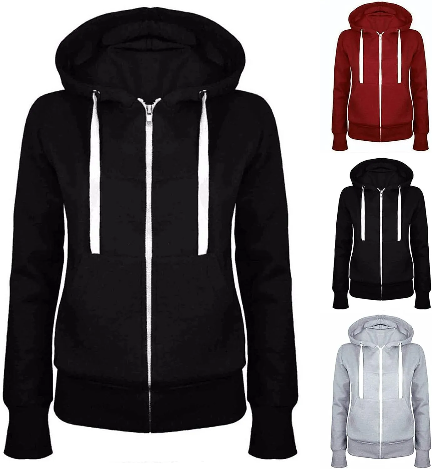 BOXIACEY Fleece Hoodie Women Zip Up Drawstring Jacket Long Sleeve Lightweight Hoodie Casual Hooded Jacket with Pockets