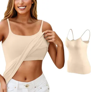 Camisole Tank Top with Built in Bra for Women V Neck Sleeveless Summer Workout Going Out Double Lined Shelf Cami Shirt