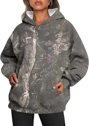 Camo Hoodie Womens Camo Sweatshirt for Women Trendy Maple Leaf Plain Hoodies Fleece Oversized Y2K Pullover with Pocket