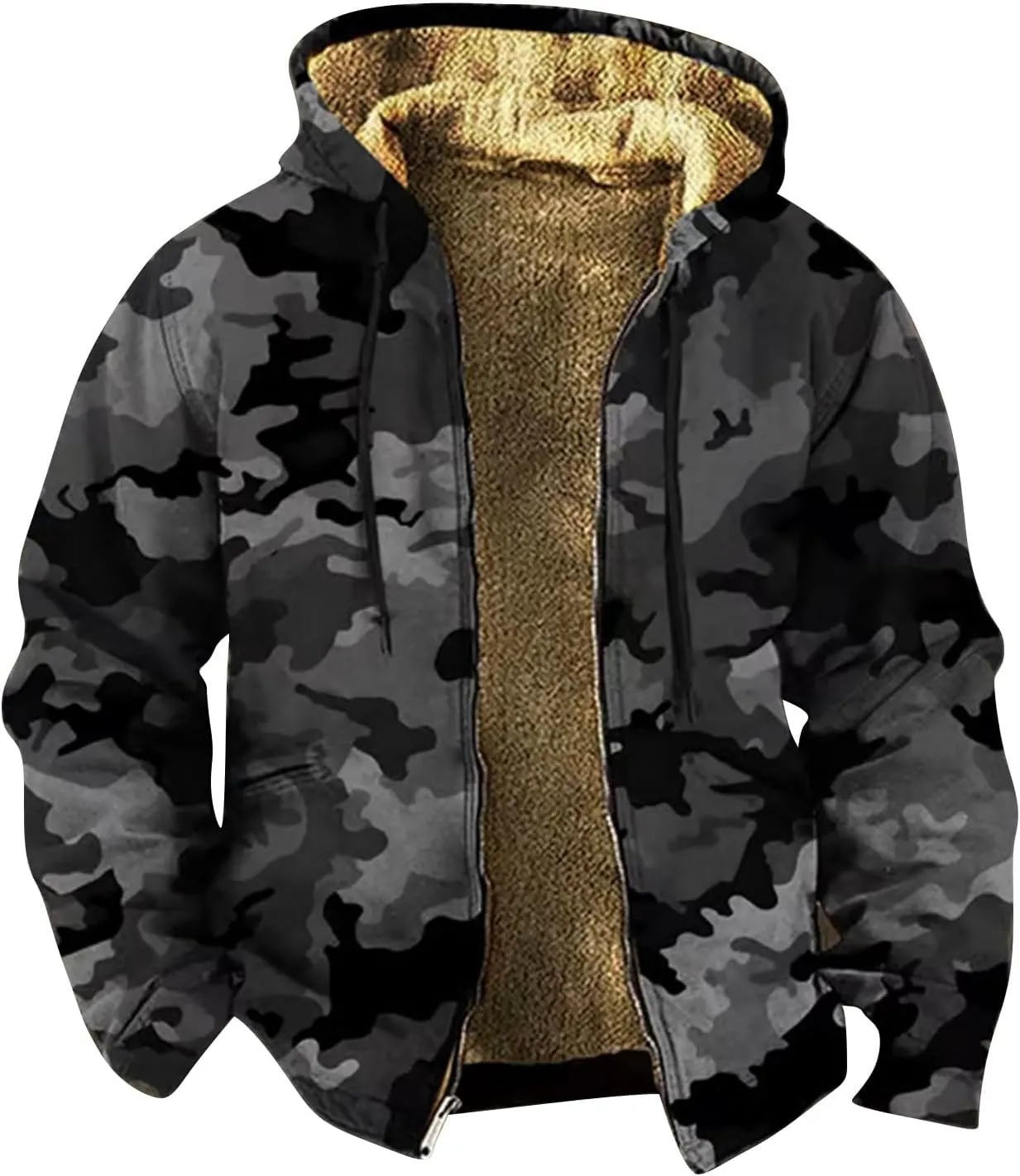 Camouflage Fleece Jacket Men with Hood Full Zip Up Sherpa Lined Hoodies Winter Warm Heavyweight Jackets Coats Outwear
