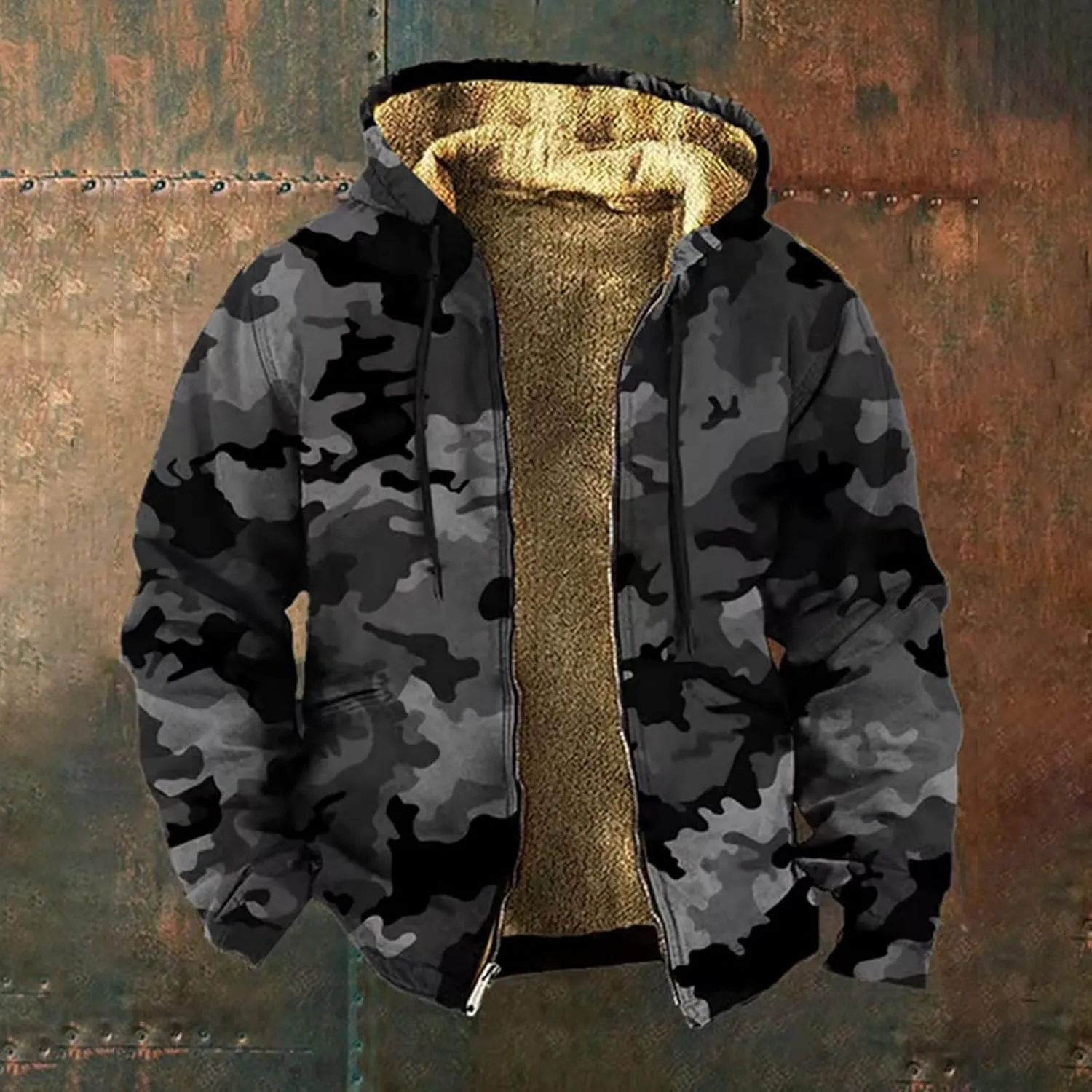 Camouflage Fleece Jacket Men with Hood Full Zip Up Sherpa Lined Hoodies Winter Warm Heavyweight Jackets Coats Outwear