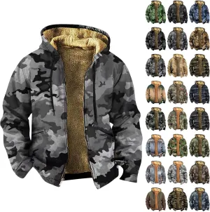 Camouflage Fleece Jacket Men with Hood Full Zip Up Sherpa Lined Hoodies Winter Warm Heavyweight Jackets Coats Outwear