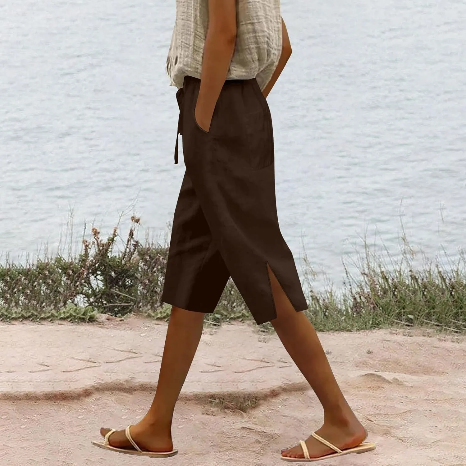 Capris Linen Pants for Women 2025 Summer Wide Leg Causal Beach Shorts Elastic High Waist Linen Trousers with Pockets