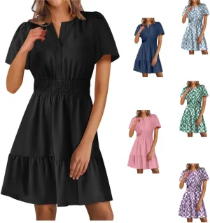 Casual Summer Dresses for Women 2025 Short Sleeve V Neck Beach Mini A-Line Ruffle Flowy Dress Dressy Work Sundress