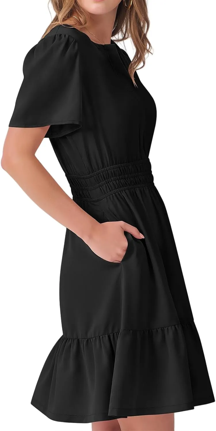 Casual Summer Dresses for Women 2025 Short Sleeve V Neck Beach Mini A-Line Ruffle Flowy Dress Dressy Work Sundress