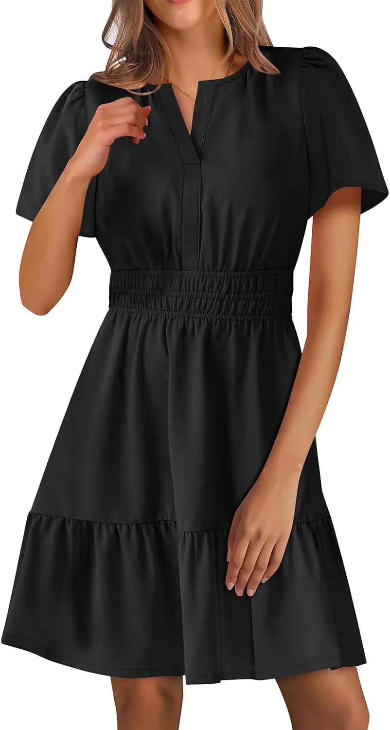 Casual Summer Dresses for Women 2025 Short Sleeve V Neck Beach Mini A-Line Ruffle Flowy Dress Dressy Work Sundress