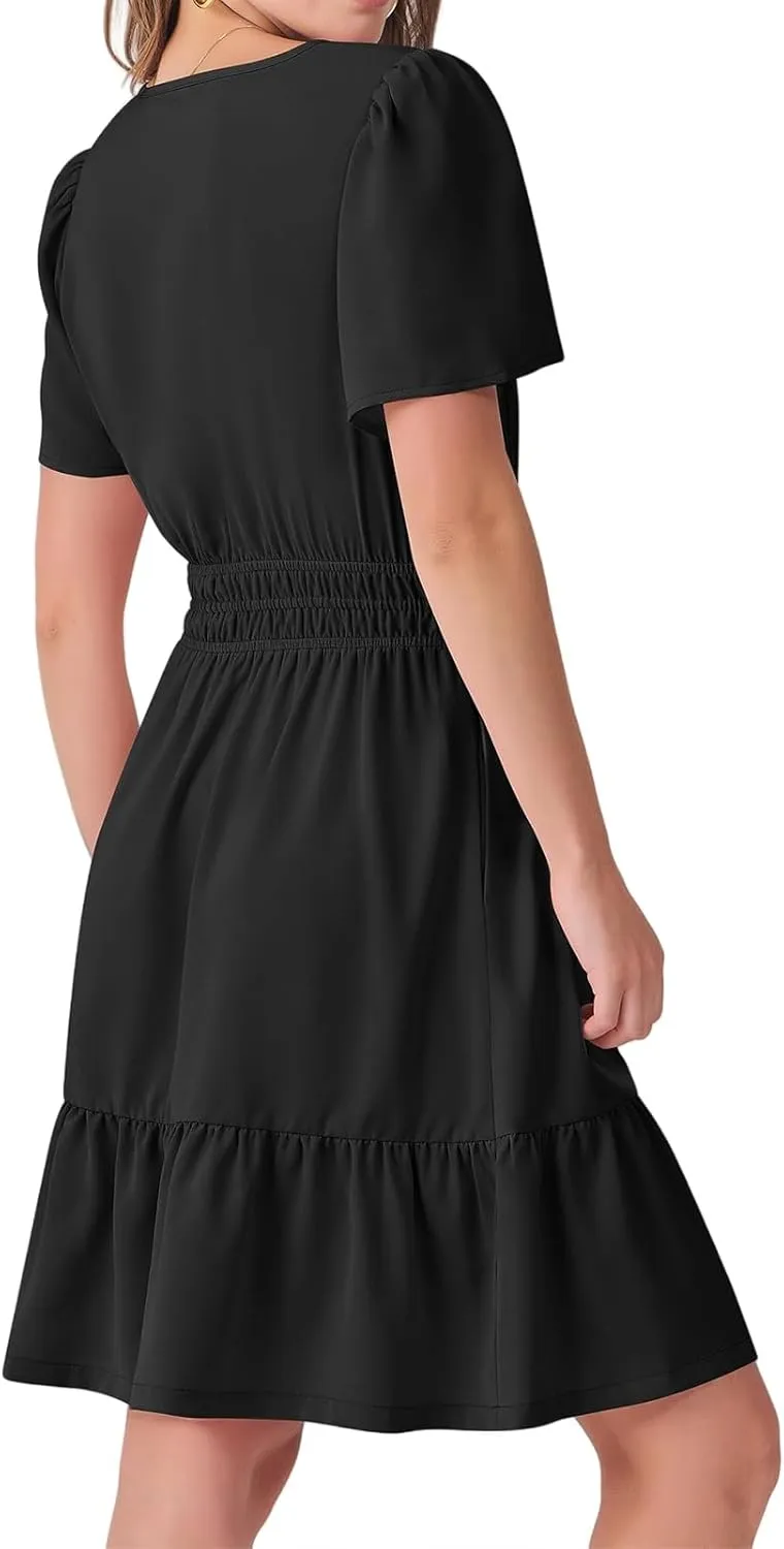 Casual Summer Dresses for Women 2025 Short Sleeve V Neck Beach Mini A-Line Ruffle Flowy Dress Dressy Work Sundress