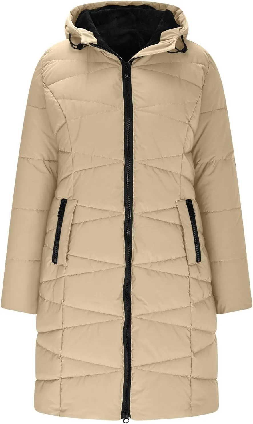 Ceboyel Women Zip Up Quilted Puffer Jackets Warm Winter Coats Long Sleeve Hooded Jacket Clothes Outerwear With Pockets