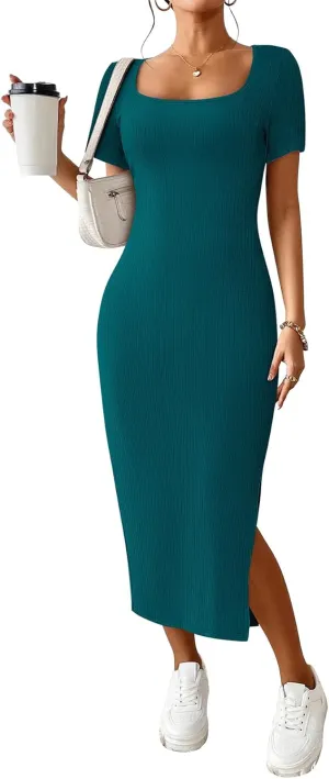 CFLONGE Casual Dresses for Women 2025 Summer Ribbed Short Sleeve Bodycon Maxi Dress Side Slit Knit Square Neck Long Sundress