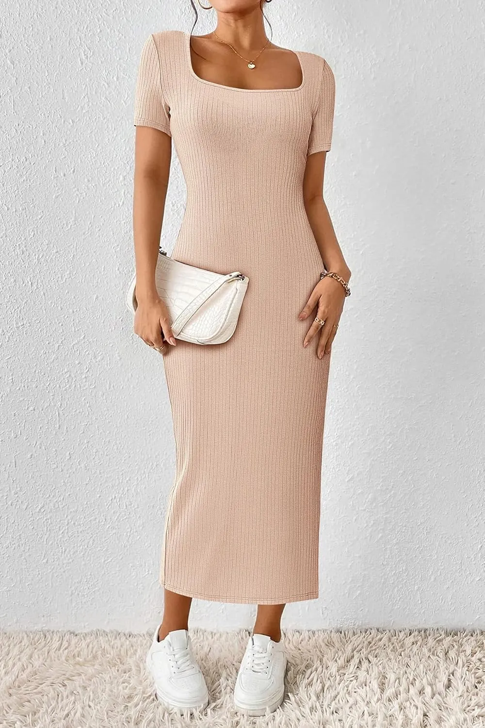 CFLONGE Casual Dresses for Women 2025 Summer Ribbed Short Sleeve Bodycon Maxi Dress Side Slit Knit Square Neck Long Sundress