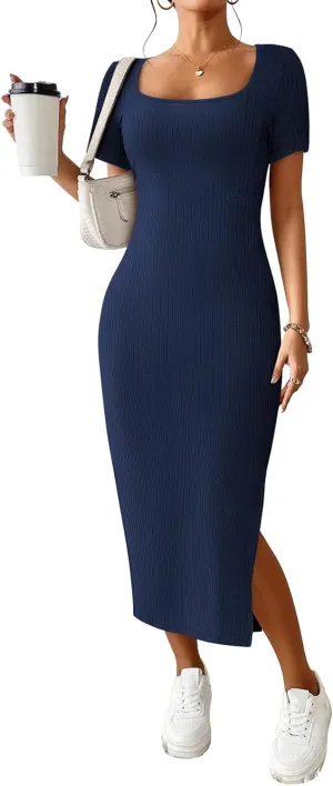CFLONGE Casual Dresses for Women 2025 Summer Ribbed Short Sleeve Bodycon Maxi Dress Side Slit Knit Square Neck Long Sundress