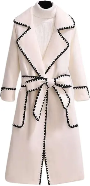CHARTOU Women's Elegant Wool Blend Lapel Collar Bow-Tie Belt Midi Long Trench Coat Jacket