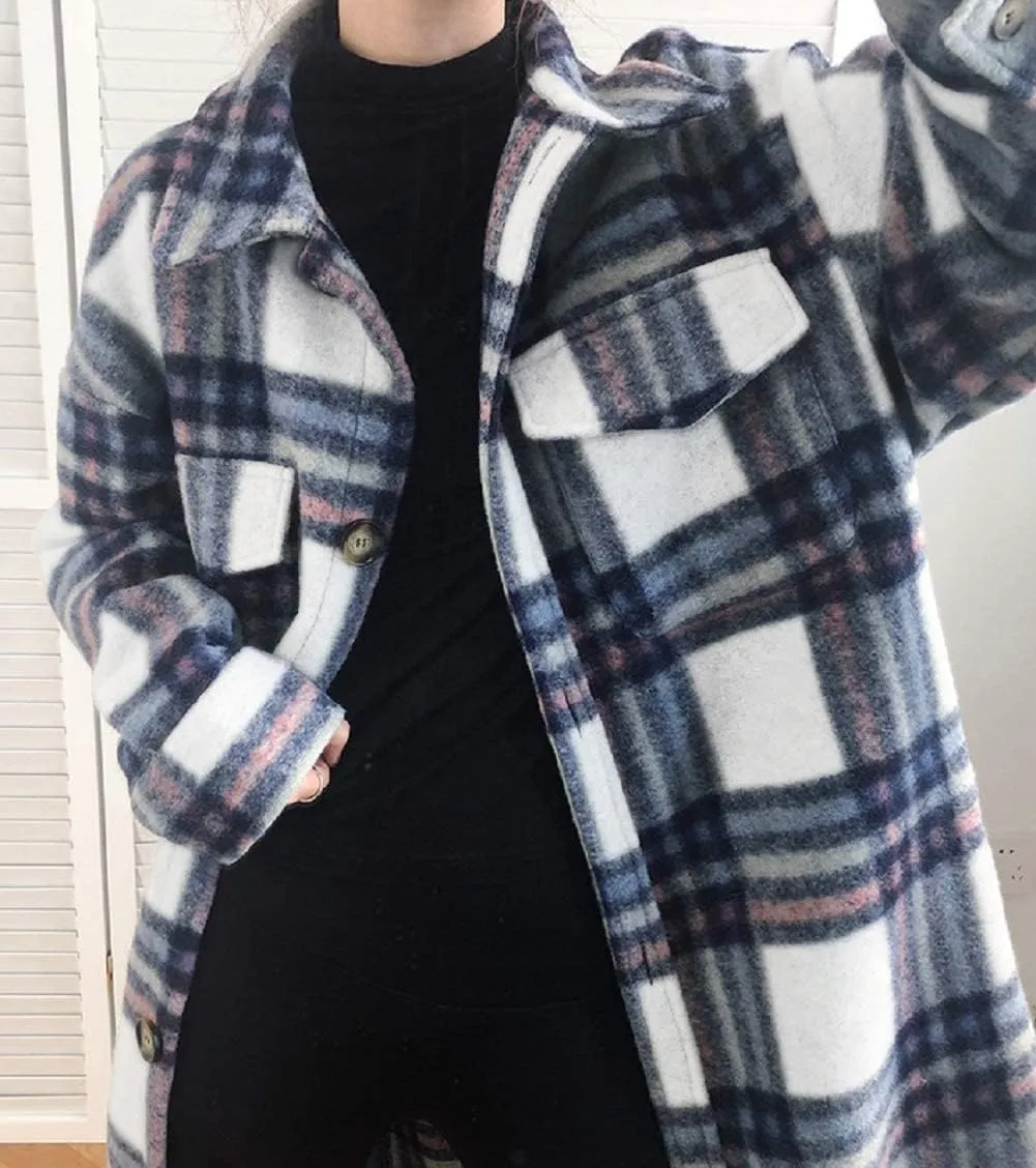 CHARTOU Women's Lightweight Spread Collar Wool Blend Plaid Midi Long Shacket Trench Coat