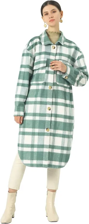 CHARTOU Women's Lightweight Spread Collar Wool Blend Plaid Midi Long Shacket Trench Coat