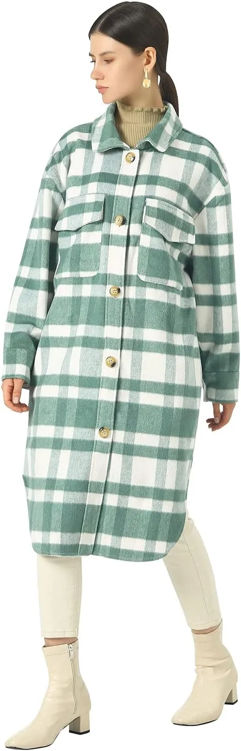 CHARTOU Women's Lightweight Spread Collar Wool Blend Plaid Midi Long Shacket Trench Coat