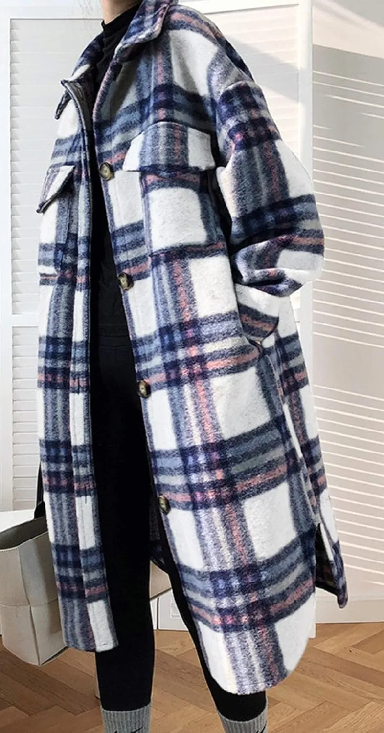 CHARTOU Women's Lightweight Spread Collar Wool Blend Plaid Midi Long Shacket Trench Coat