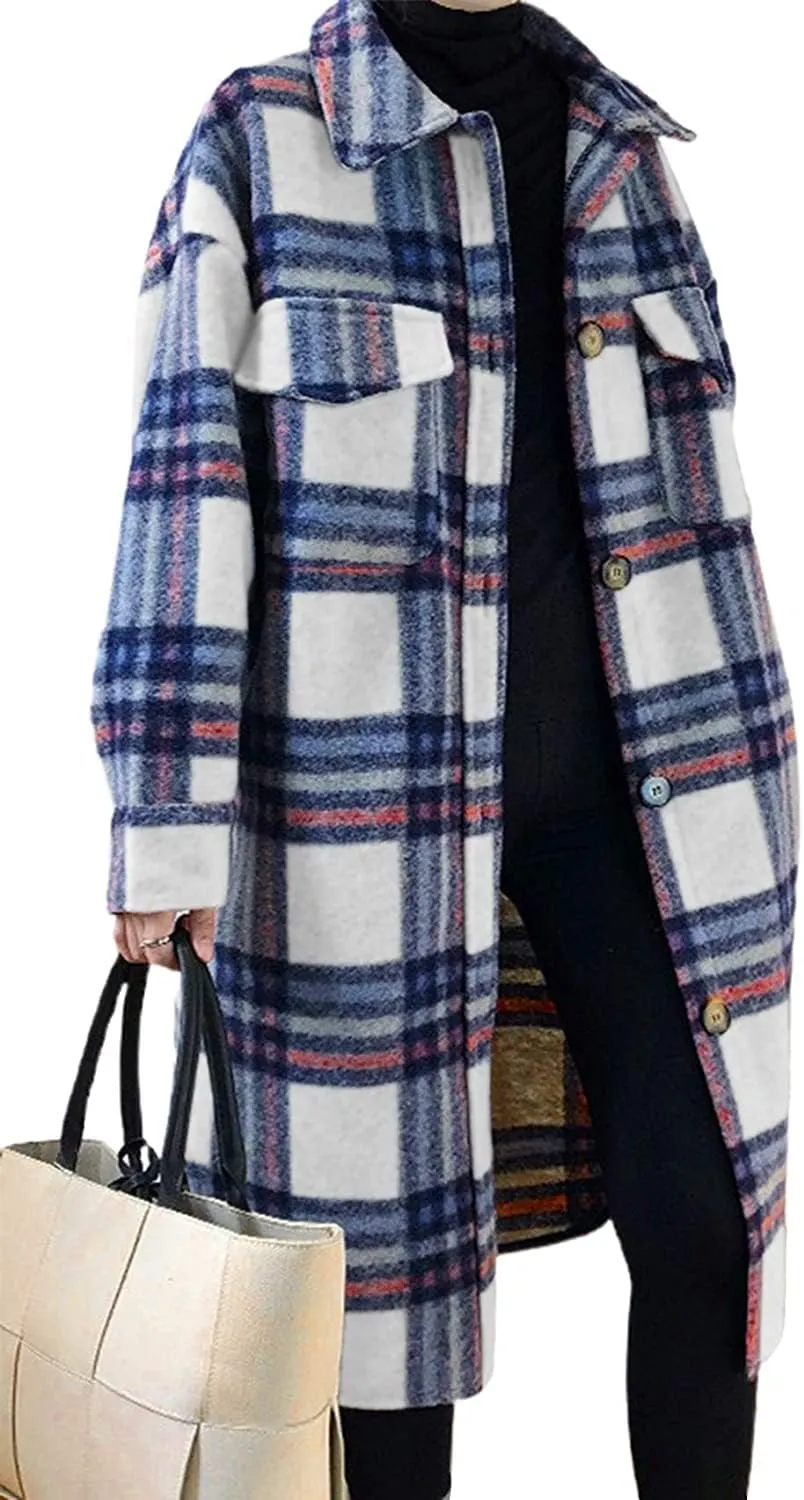 CHARTOU Women's Lightweight Spread Collar Wool Blend Plaid Midi Long Shacket Trench Coat