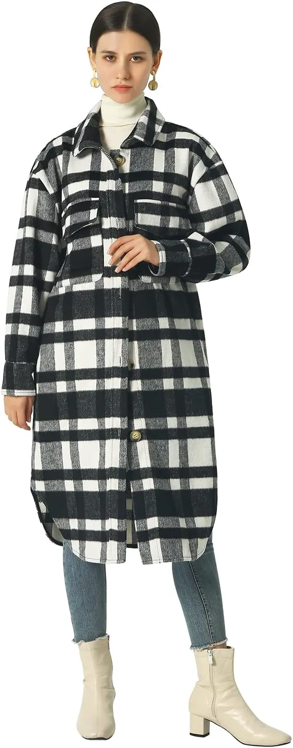 CHARTOU Women's Lightweight Spread Collar Wool Blend Plaid Midi Long Shacket Trench Coat