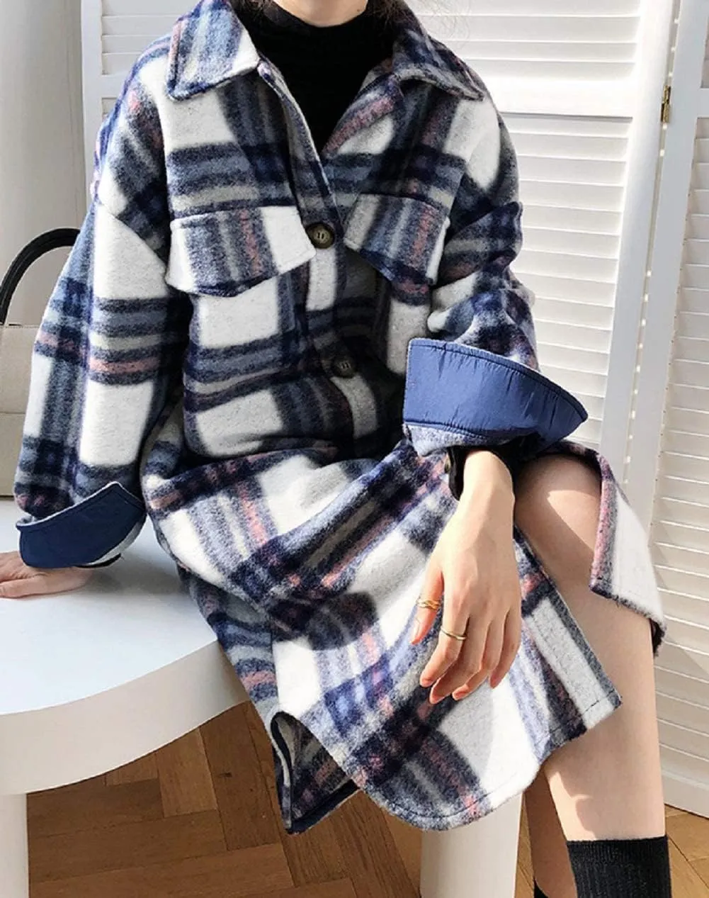 CHARTOU Women's Lightweight Spread Collar Wool Blend Plaid Midi Long Shacket Trench Coat
