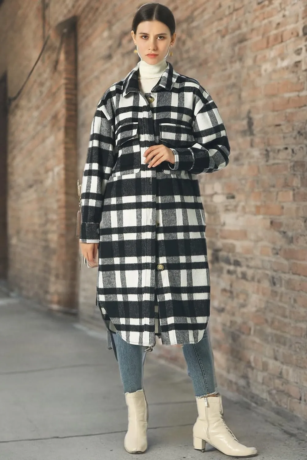 CHARTOU Women's Lightweight Spread Collar Wool Blend Plaid Midi Long Shacket Trench Coat