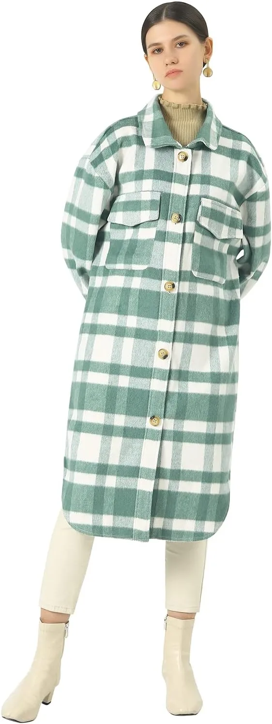 CHARTOU Women's Lightweight Spread Collar Wool Blend Plaid Midi Long Shacket Trench Coat