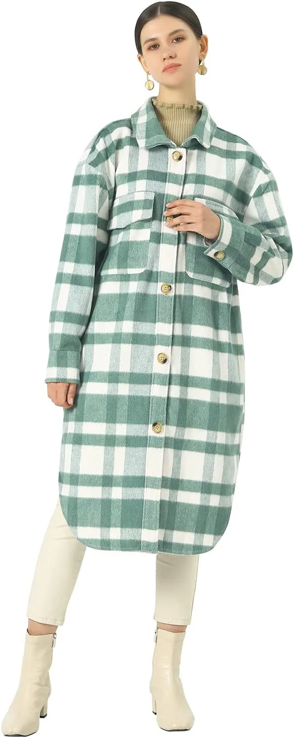 CHARTOU Women's Lightweight Spread Collar Wool Blend Plaid Midi Long Shacket Trench Coat
