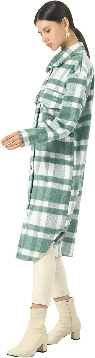 CHARTOU Women's Lightweight Spread Collar Wool Blend Plaid Midi Long Shacket Trench Coat