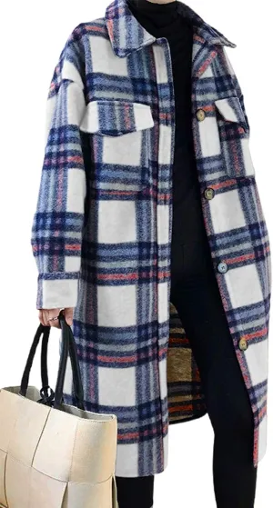 CHARTOU Women's Lightweight Spread Collar Wool Blend Plaid Midi Long Shacket Trench Coat