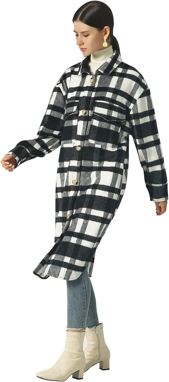CHARTOU Women's Lightweight Spread Collar Wool Blend Plaid Midi Long Shacket Trench Coat