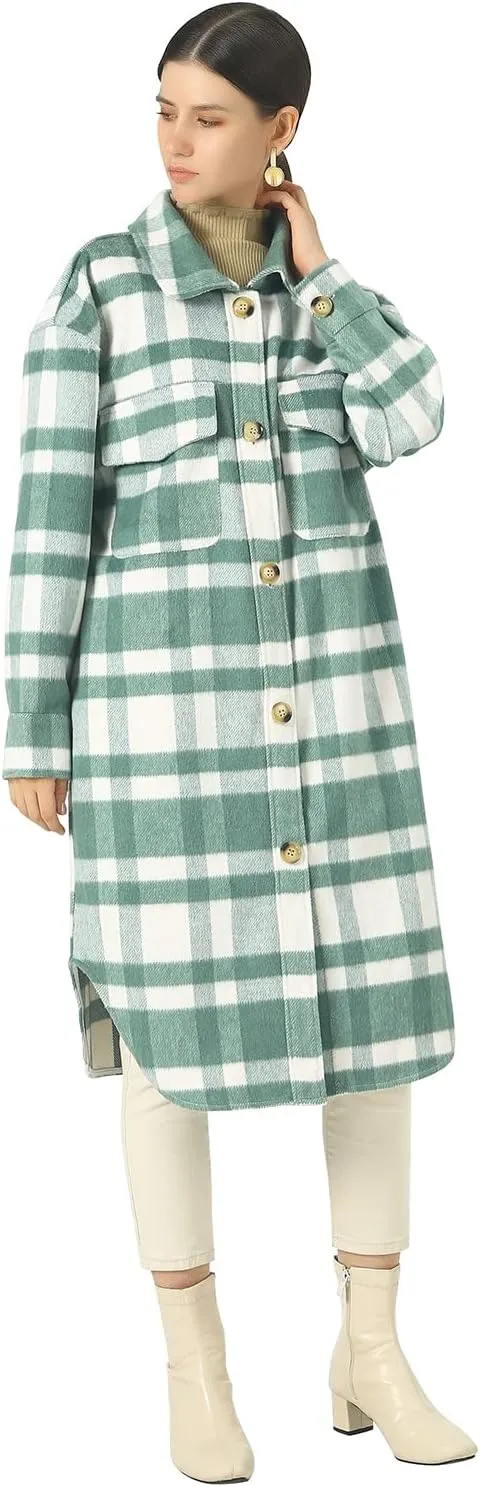 CHARTOU Women's Lightweight Spread Collar Wool Blend Plaid Midi Long Shacket Trench Coat