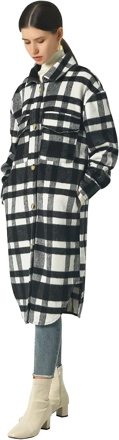 CHARTOU Women's Lightweight Spread Collar Wool Blend Plaid Midi Long Shacket Trench Coat